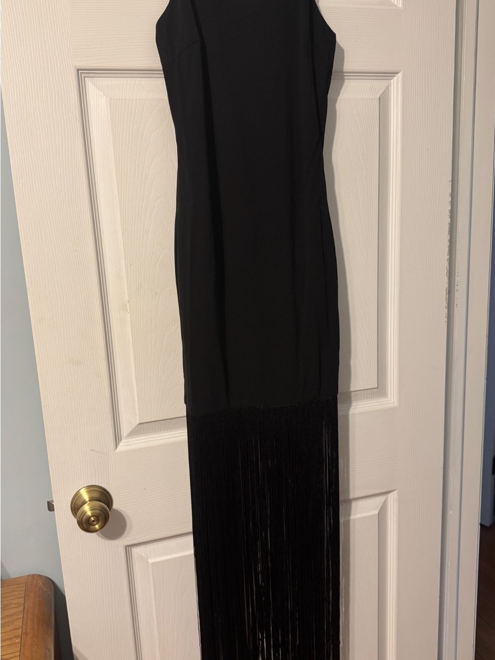 Main Strip Black Sleeveless Fringe Maxi Dress